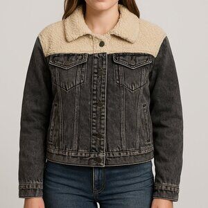 Ava + Kris Sherpa Detail Black Stone Wash Denim Jacket XS